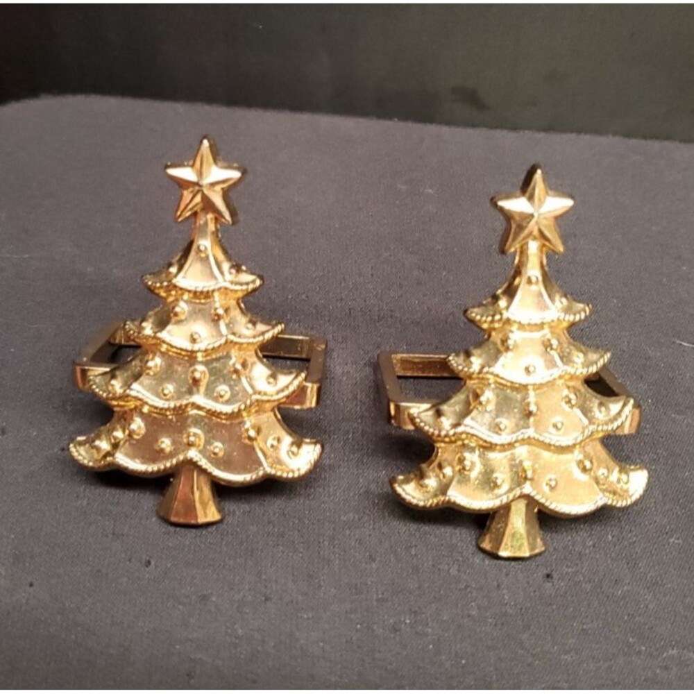 Bright Gold Tone Metal Christmas Tree Napkin Rings Set of 2 Holiday Table Decor